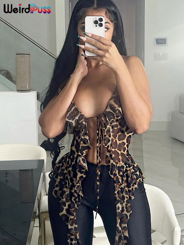 Weird Puss Ruffles flowers Tank Tops Women 2024 Beach Vacation Sexy Deep V-Neck Irregular Tassel Halter Backless Wild Camisole