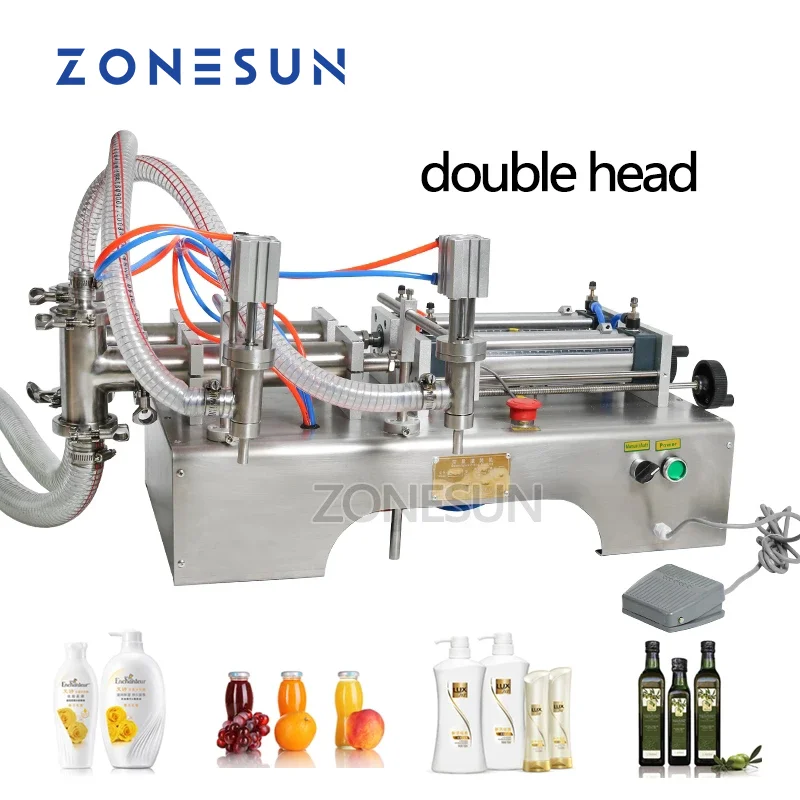 ZONESUN Double Heads Semi Automatic Shampoo Juice Milk Edible Oil Bottle Piston Filling Machine