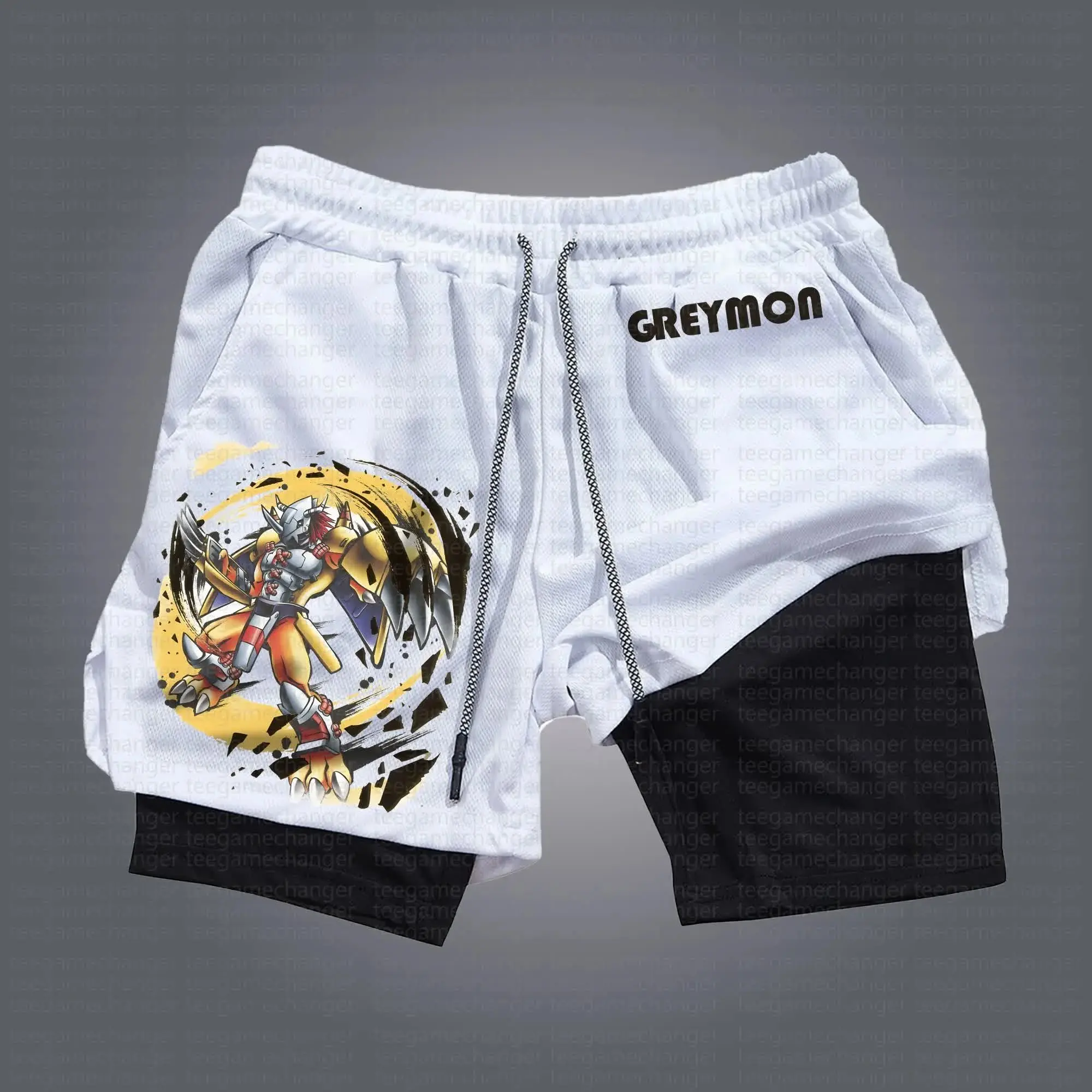 

Digimon White Shorts Greymon Print Orange Dinosaur Black Wings Yellow Effects Black Inner Lining Elastic Waist Drawstring Anime