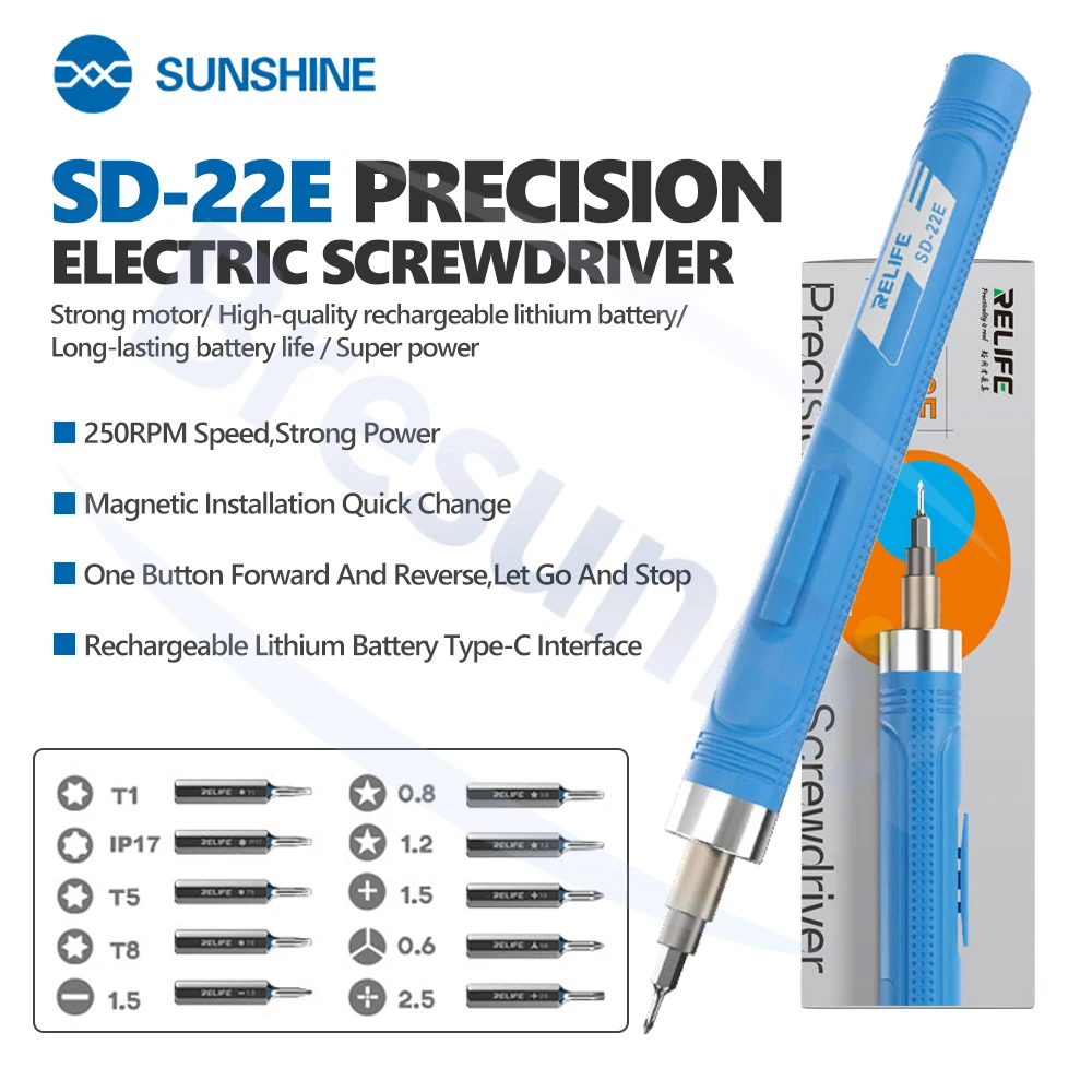 

SUNSHINE SD-22E Electric Screwdriver Set 10 Screwdriver Bits Supports IP17 for Mobile Phone Tablet Repair Screw Removal Tool
