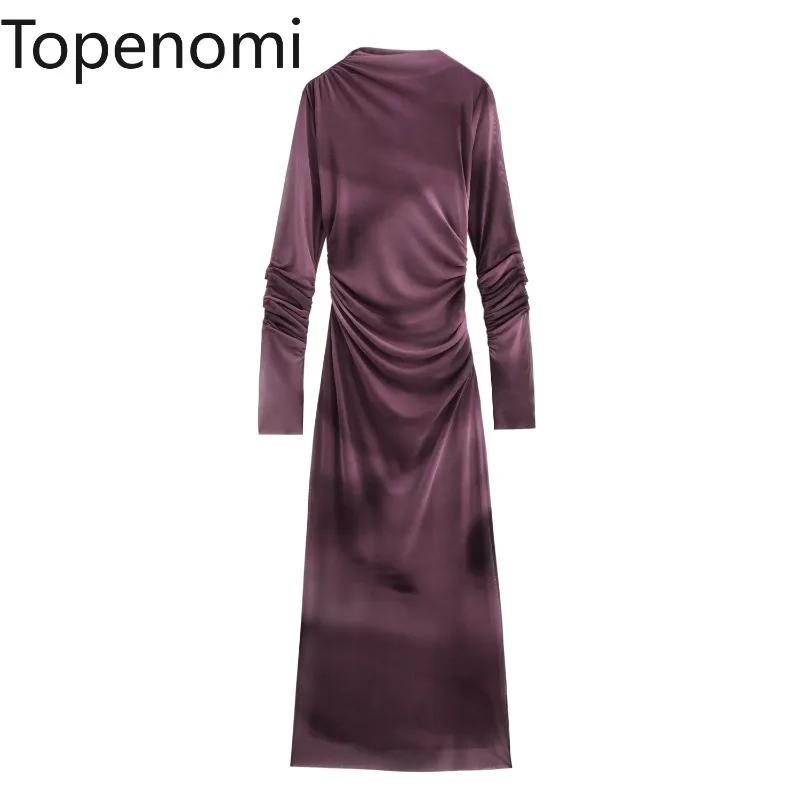 Topenomi-vestido largo ajustado con pliegues de malla para mujer, nuevo temperamento, manga larga, teñido anudado, corte en A, Sexy, para fiesta de noche, 2024