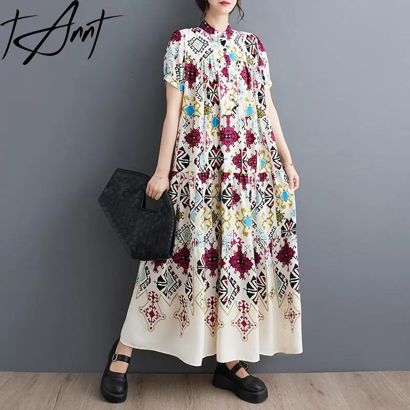 

Tannt Women Dress Short-sleeved Print Long Vintage Dresses For Women Color Matching Fashion Long Summer Long Dresses 2025 New