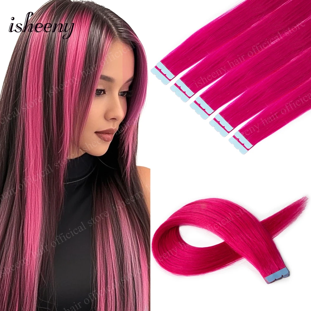 Isheeny 12' 16' 20' Tape In Hair Extensions Invisible Adhesive Tape In Hair Extension 10pcs/pack Pink Purple Blue Colorful Hair