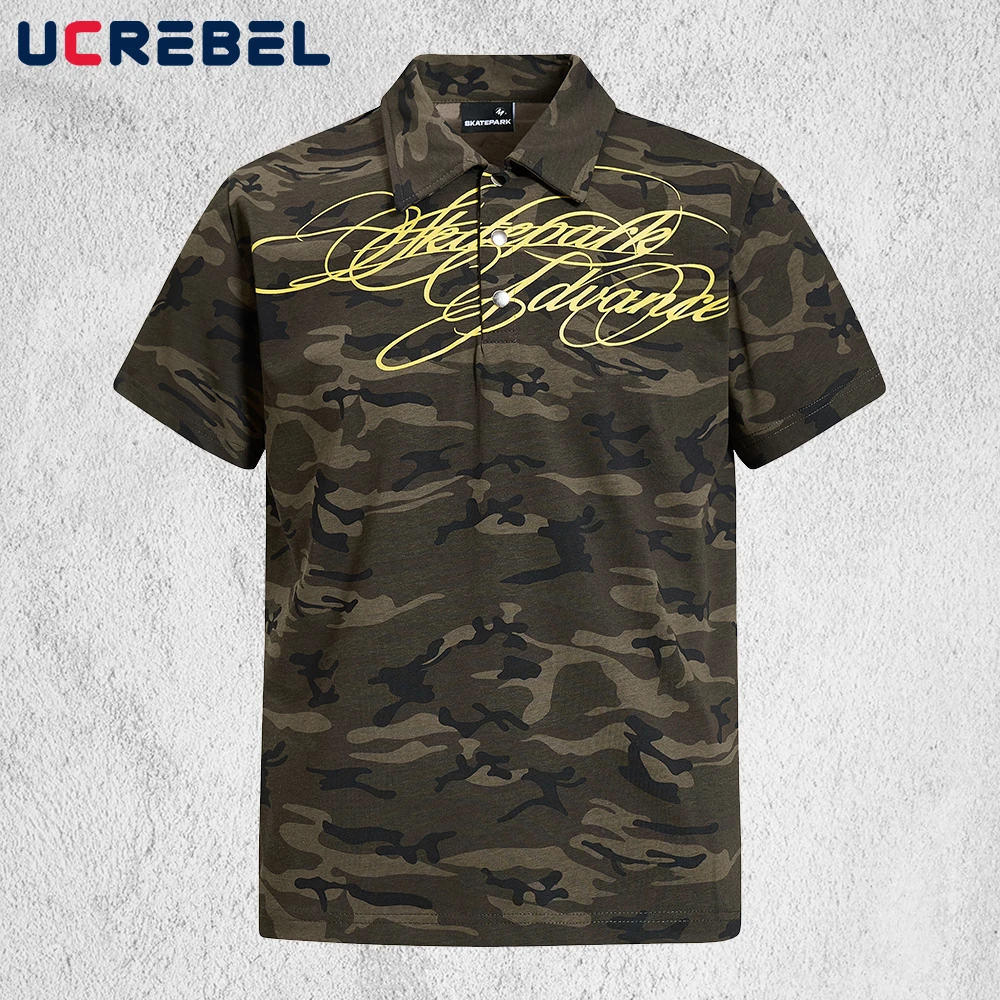 

Camouflage Letter Print Polo Shirts Mens Summer Retro High Street Loose Short Sleeve Tee Man Tops