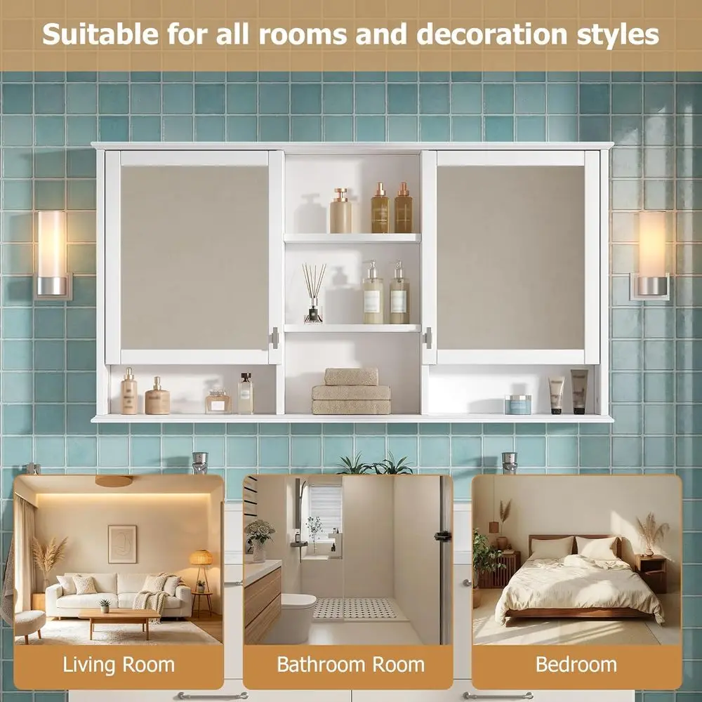 55"x28" Bathroom Medicine Cabinet with Mirror, Wall Mounted Bathroom Storage Organizer with 5 Open Shelves & Adjustable Interior view 6