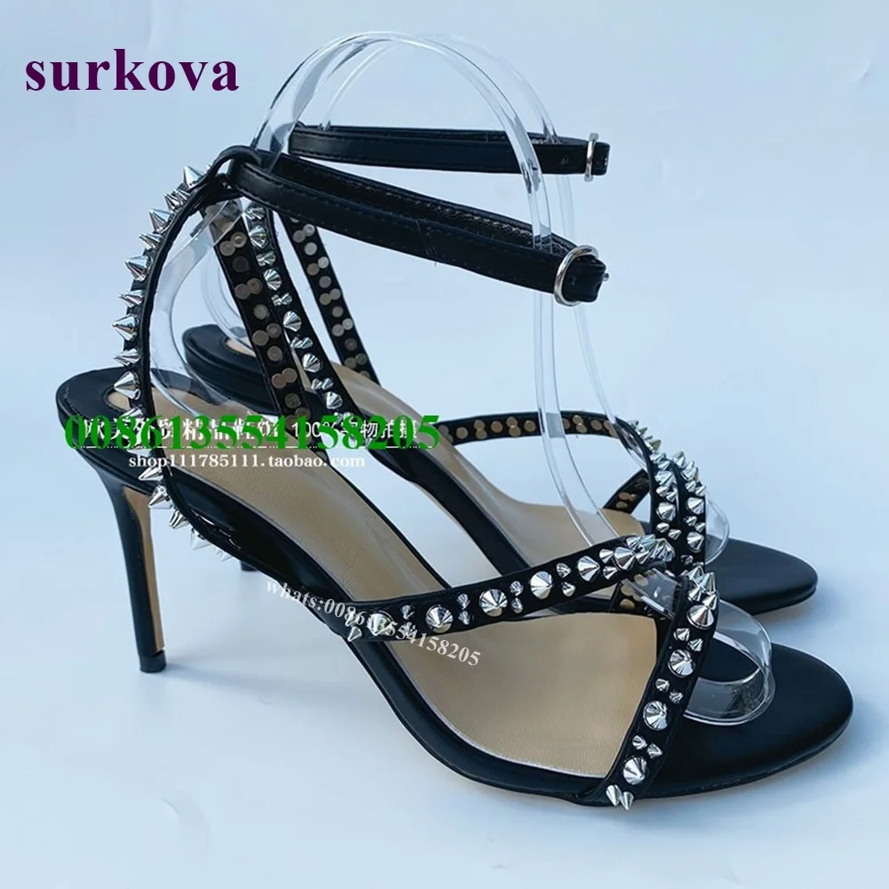 2025 New Black Sheepskin Rivet Button Hollow Sandals Sexy Fashion Nightclub Roman High Heels Thin Heels Slingback Buckle Strap