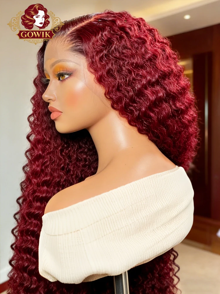 

99j Burgundy Deep Wave Human Hair Wig 34 Inch HD Transparent 13x6 Lace Frontal Preplucked Red Colored Curly Front Wig 220Density
