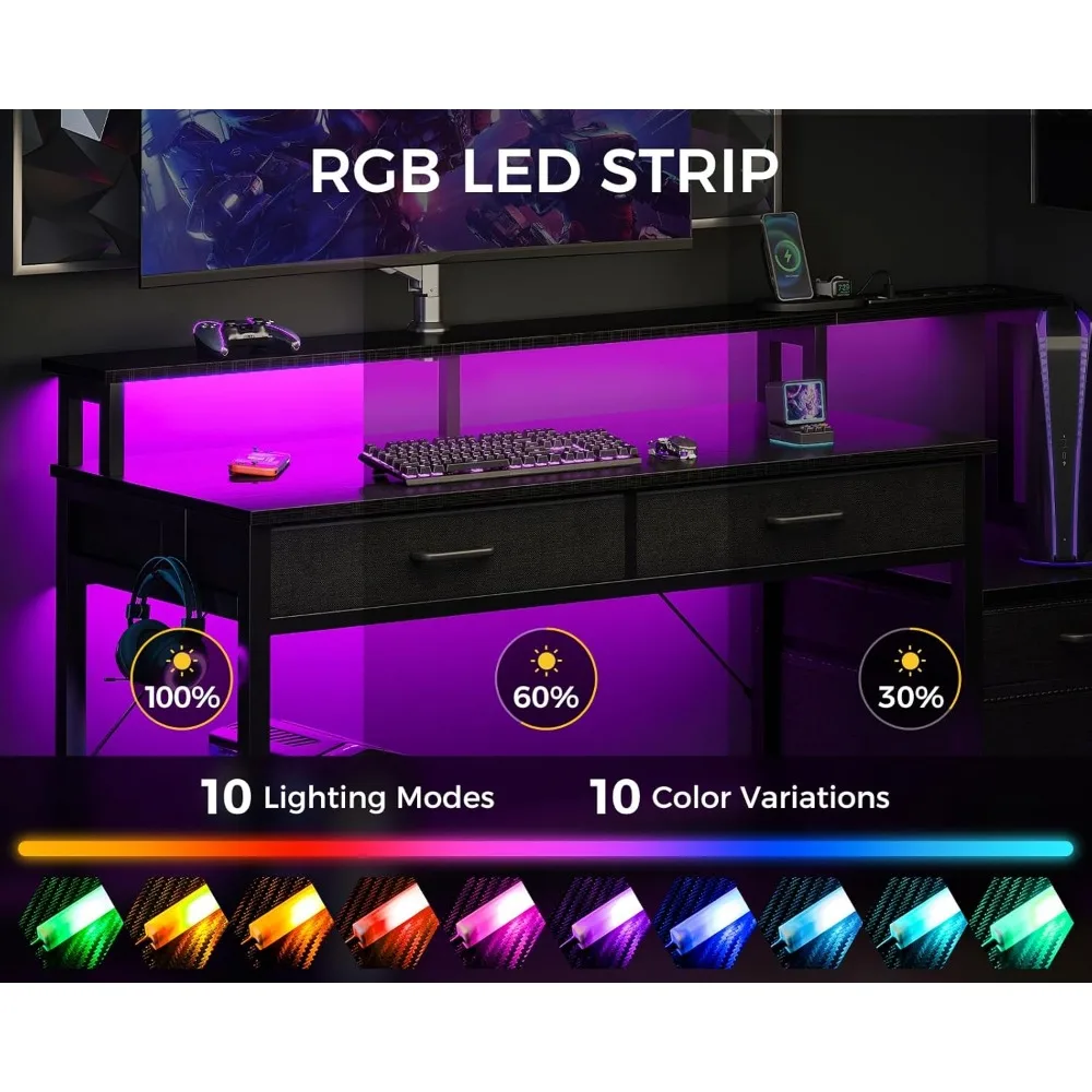 Computer Desk with Power Outlets and LED Lights, Gaming Desk with 4 Fabric Drawers, Reversible Office Desk with Monitor Stand