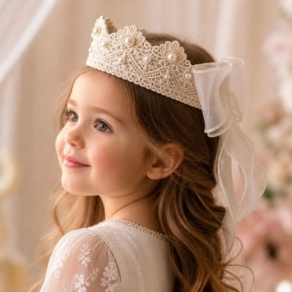 New Crown Shape Crown Headband Mesh Bow Hollow Lace Crown Headpiece Girls Crown Hairband Hair Accessory