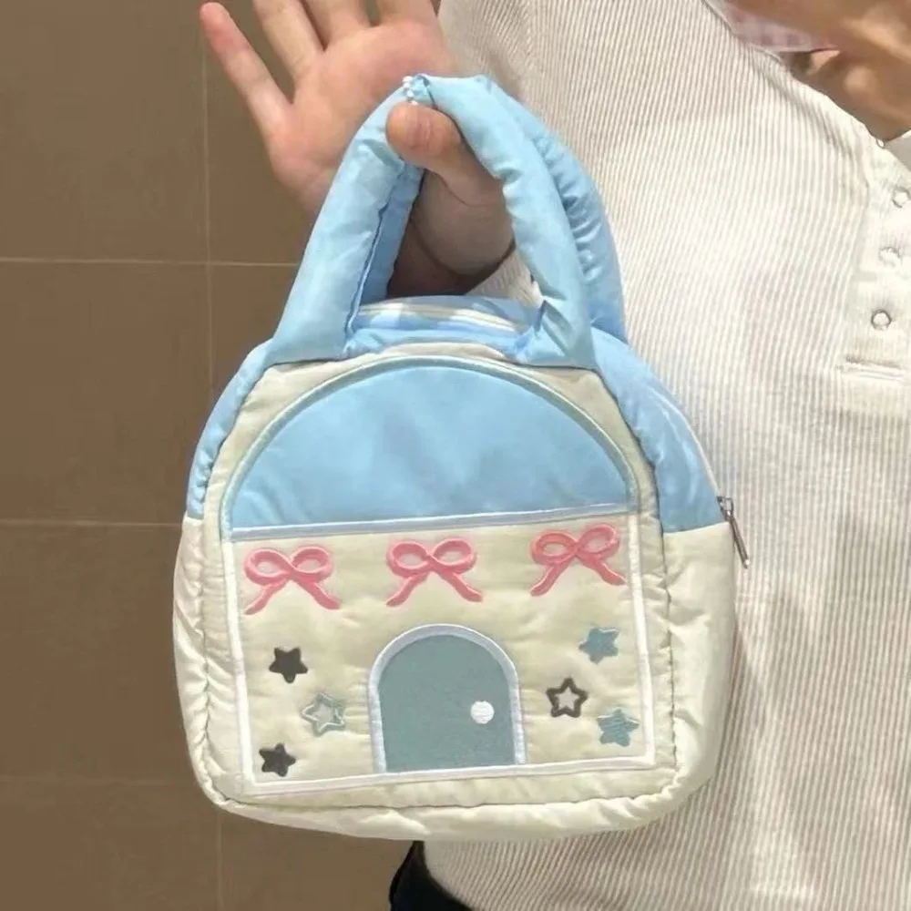 Embroidery Decor Camera Carrying Bag Large Capacity Hand-held Small House Shaped Handbag Polyester Portable Makeup Organizer Bag
