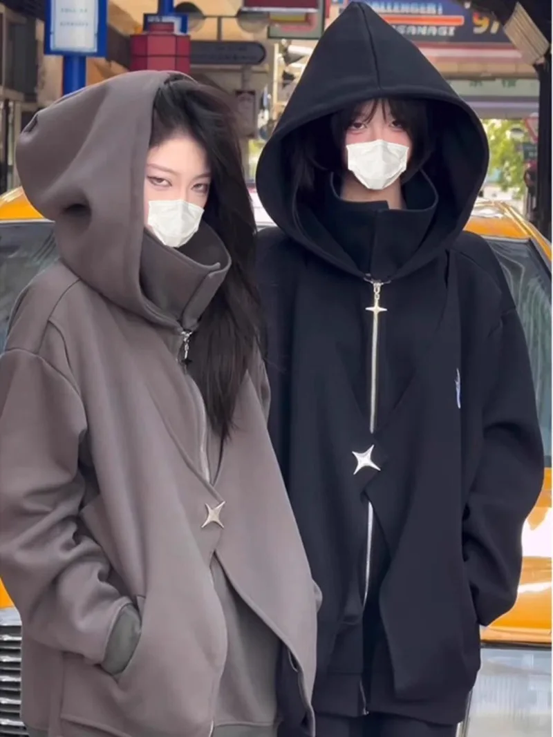 

Fake Two Pieces Zipper Sweatshirts Women Casual Streetwear Grunge Coats Y2k Aesthetic Oversized Stand Neck Hoodies