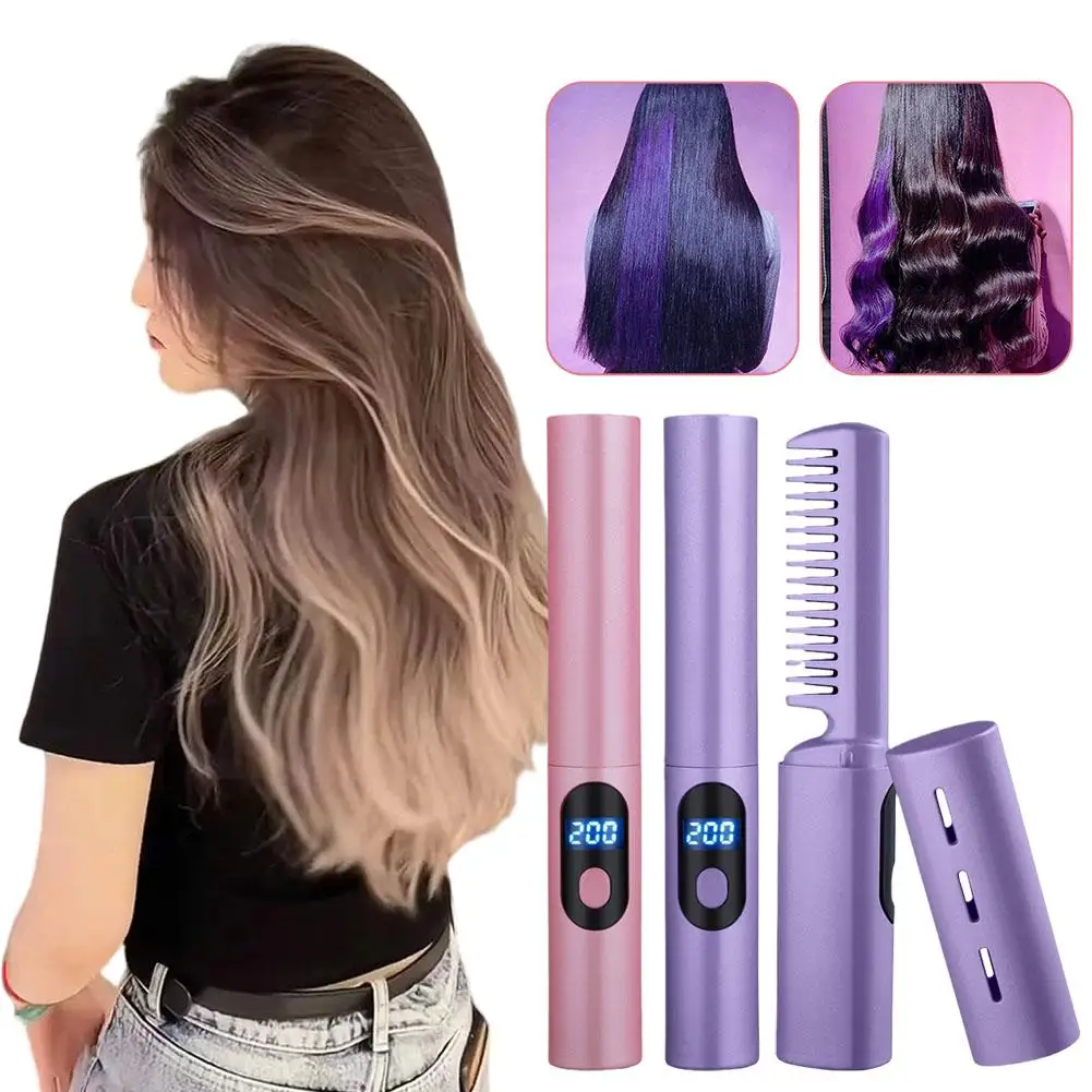 2 In 1 Luie Stijltang Haar Hete Kam Snelle Verwarming Ijzer Oplaadbare Curling Ion Usb Straight Curler Stijltang Negatief T7k0