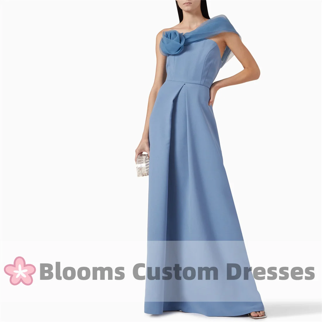 

Blooms One-shoulder Haze Blue Flower Prom Dress Draped A-line Floor Length Formal Occasion Gown Backless Party Evening Dresses