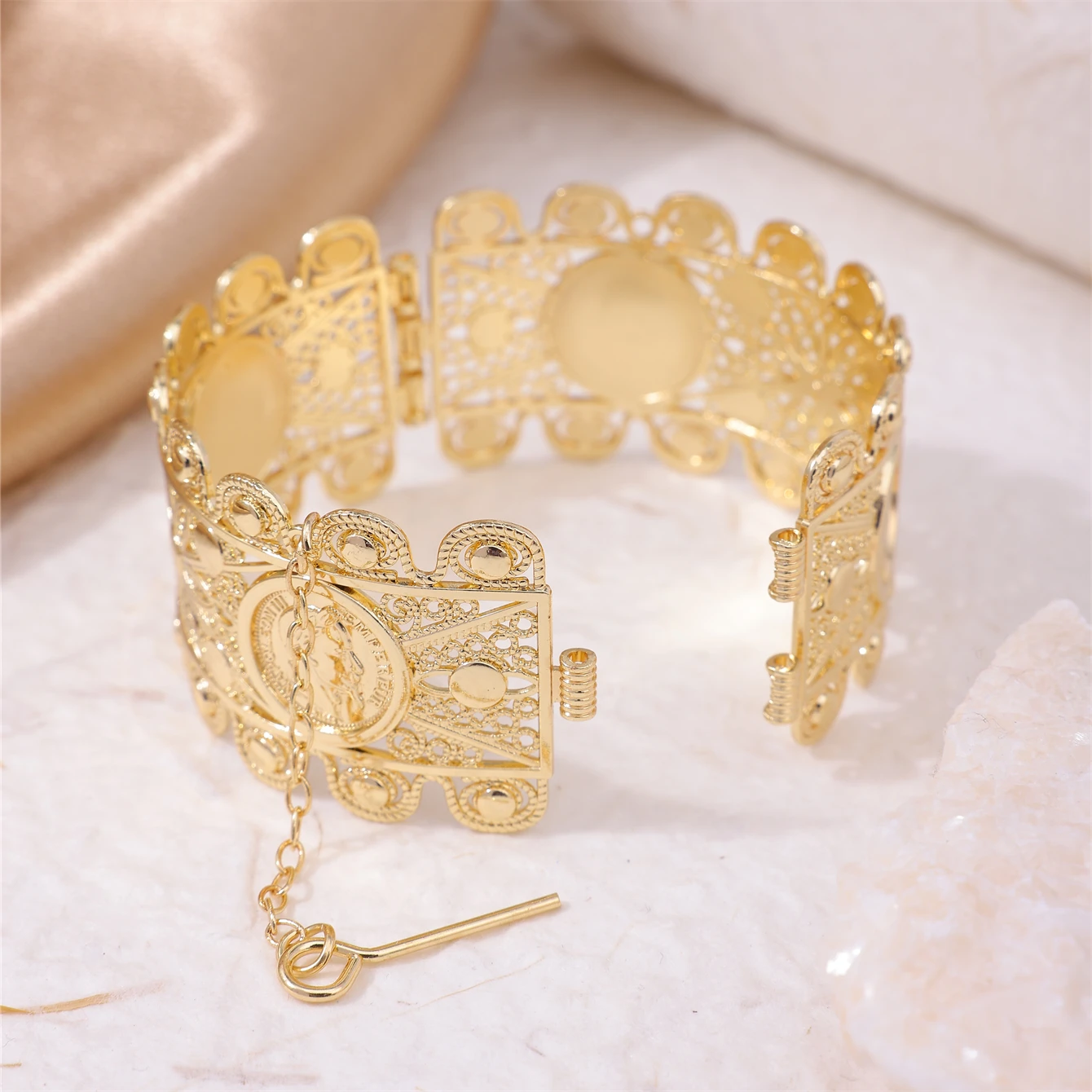 A Delicate Lace Alloy Bracelet With Openings A French Napoléon Bracelet With Coin Design An Arab Bide Wearing Arm--shaped