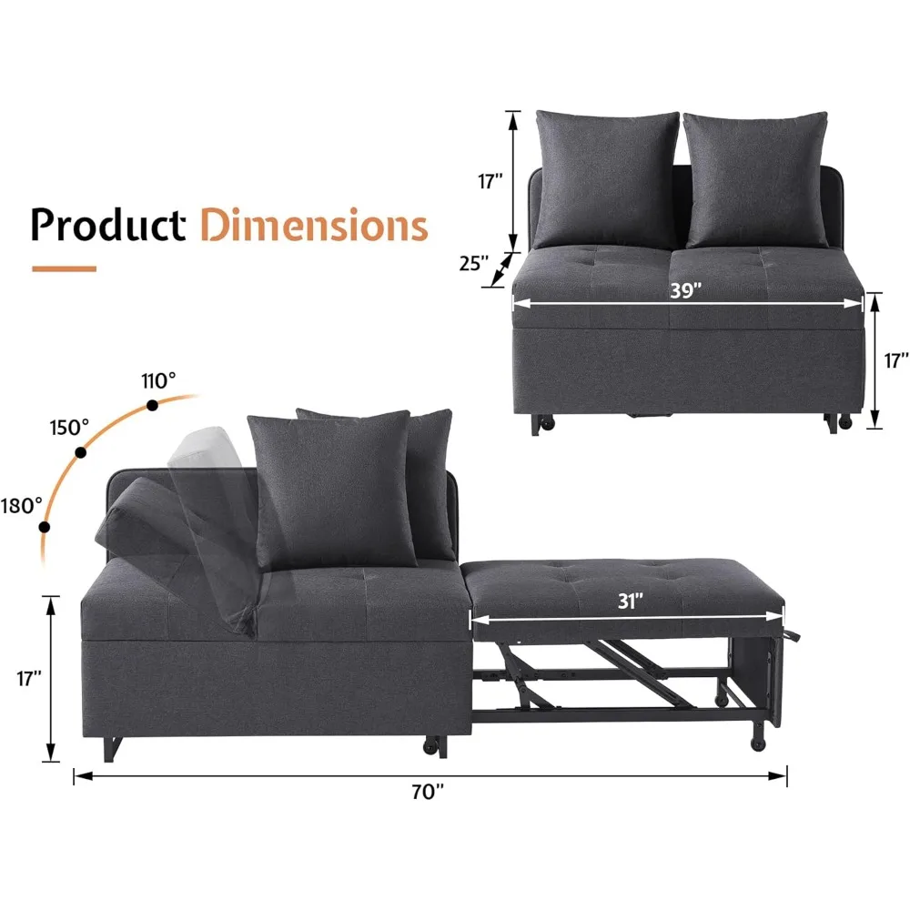 3-in-1 Convertible Sleeper Chair Bed, Modern Futon Couch with 2 Pillows Adjustable Backrest and Armrests,Foldable Loveseat