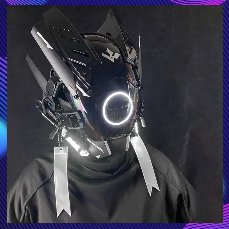 

Sci-Fi Mech Samurai Mask With Circle Light Cosplay Costumes Helmet Halloween Carnival Party Bar Props Adult Gift Cyber Punk Mask