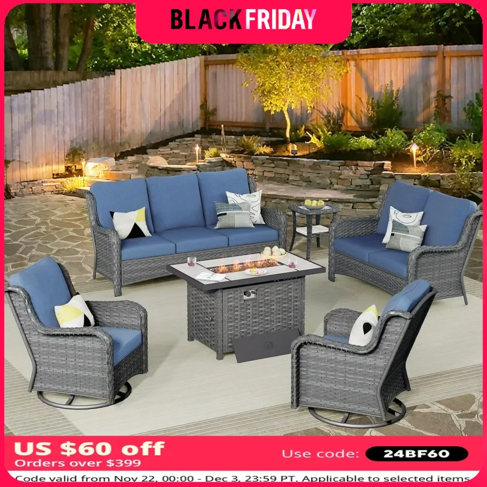 Patio Furniture Set 6 Pieces Outdoor Sofa with Rocking Swivel Chairs Loveseat Rectangular Fire Pit Table Wicker Conversation Set