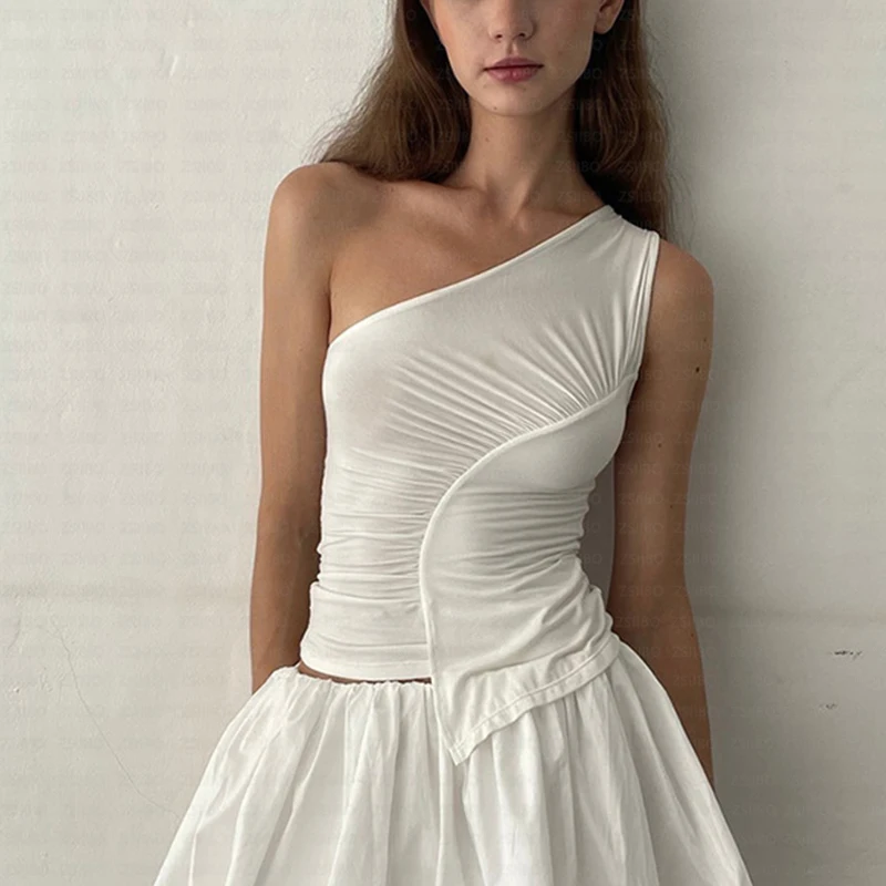 경사진 어깨 칼라 불규칙한 주름 탱크 탑 Y2K 여름 우아한 오프 숄더 솔리드 컬러 민소매 슬림 기질 조끼