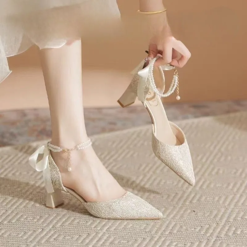 Baotou-Sandales à enfiler avec tête pointue et nœud papillon perlé pour femme, chaussures à bouche peu profonde, mode automne, nouveau