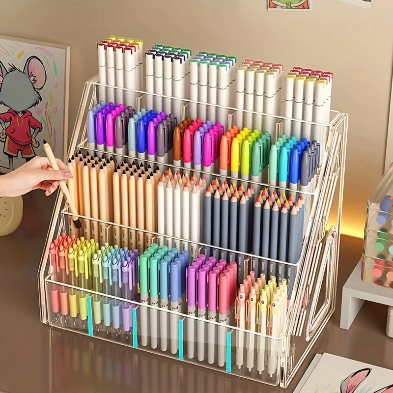 1Pc Pen Holder Organizer, Large Capacity Acrylic Storage Rack, Paintbrush Compartment Organizer, Suitable for Paintbrushes, Pencils, Markers, Suitable for Home, Office, School, Durable Design, Essential for Office Supplies and Craft Enthusiasts