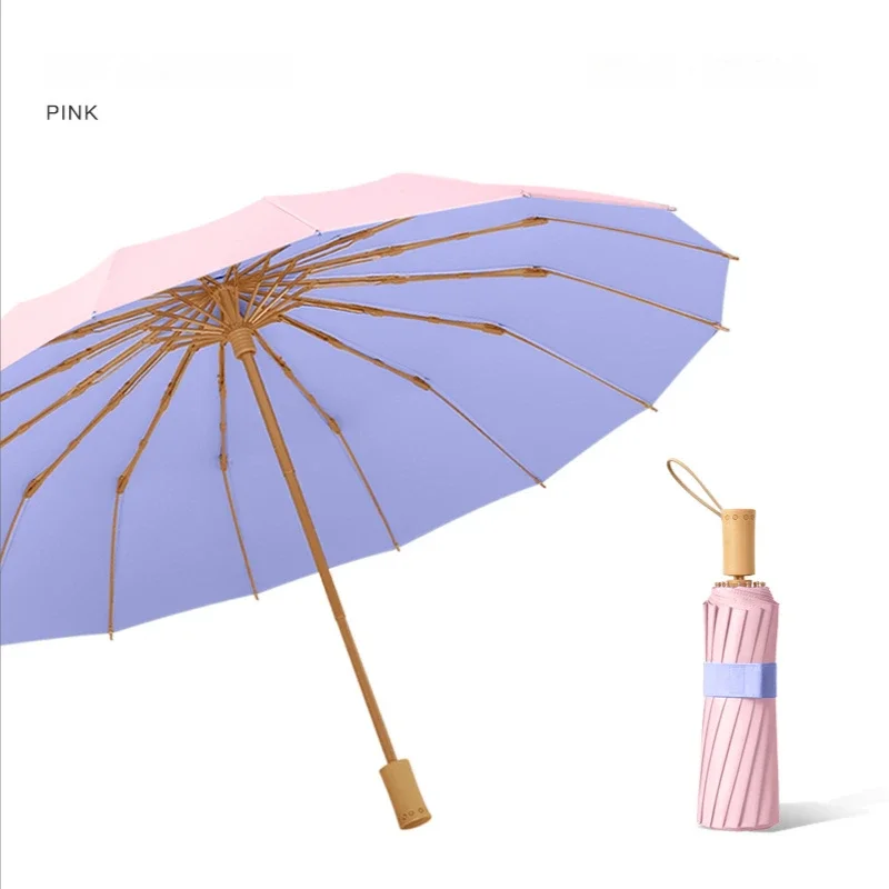 Color Coating 3 Folding Anti UV Sun Umbrella for Women, Windproof Sunproof Sunshade, Wooden Handle Solid Color Rain Umbrellas