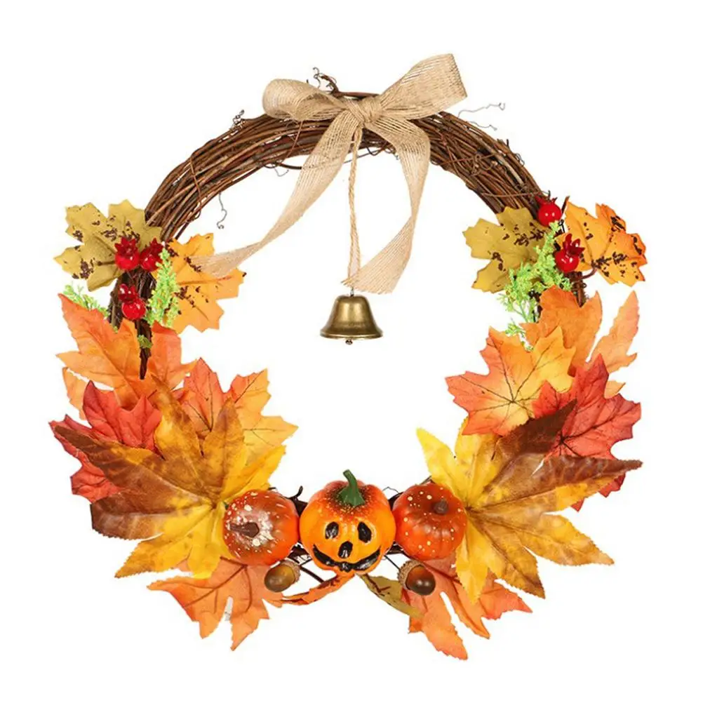 

Halloween Decor Wreath Simulation Pumpkin Maple Leaf Bell Door Hanging Ornament Autumn Harvest Thanksgiving DIY Home Decoration