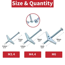 15 stks Toggle Bolt en vleugelmoer voor het ophangen van zware ltems op Drywall M3.4 M4.4 M6 Orchidee clip ijzeren vliegtuigen moer bout