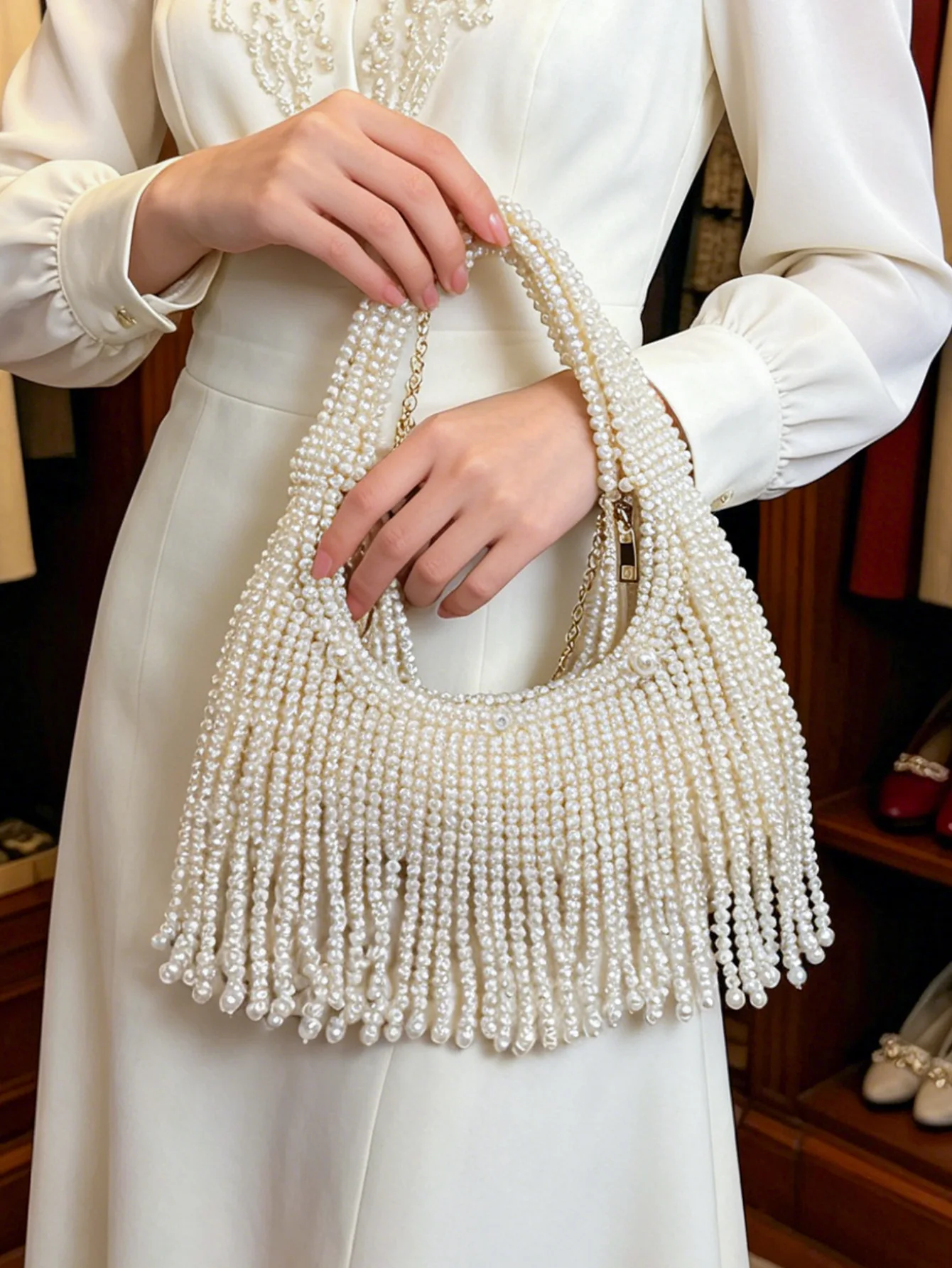 Luxury Design Lady Pearl Tassel Banquet Bag American Fashion Vintage Elegant Hand Woven Beading Women's Wedding Party Handbag