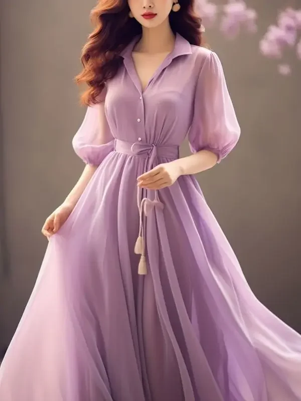 Gagarich Purple Bubble Sleeves Dress Summer Women Wear Slim French Style Gentle Fairy Wonderful Elegant Vestidos