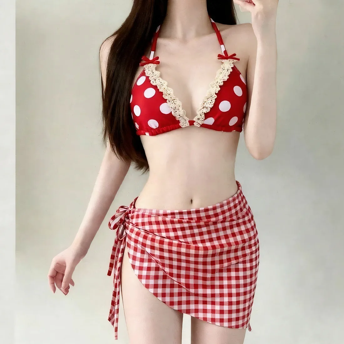 sexy polka dot print red blue bikinis sets 3pcs with plaid cover skirt sweet swimsuits swimwear bathing suits biquini tankini