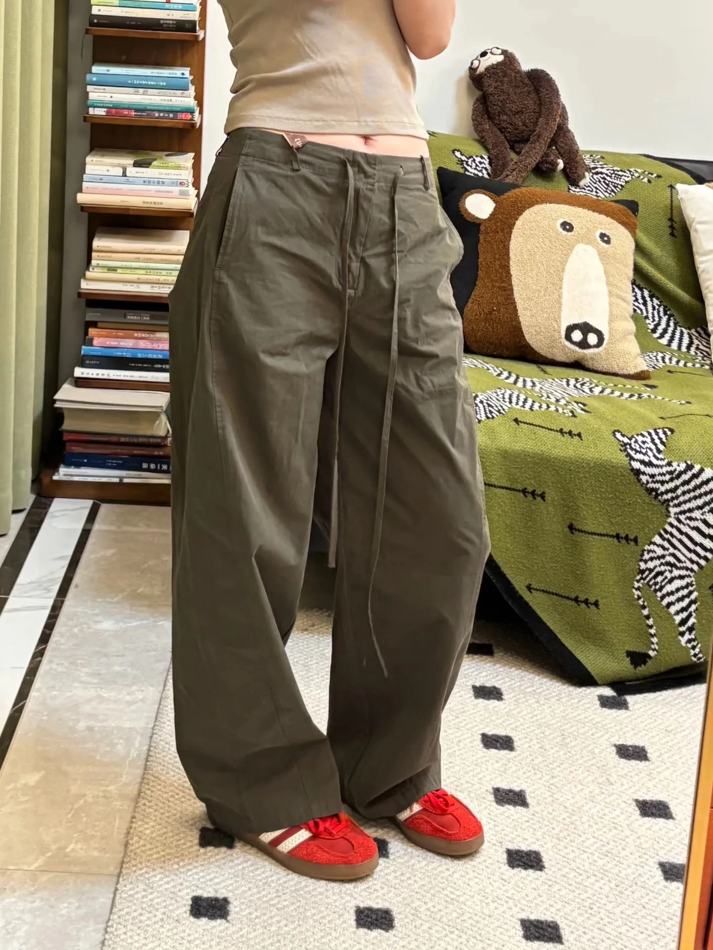 

Casual Cotton Drawstring Loose Waist Pants Low Rise Bent Knife Shape High Density Pure Cotton Comfortable Leisure Trousers