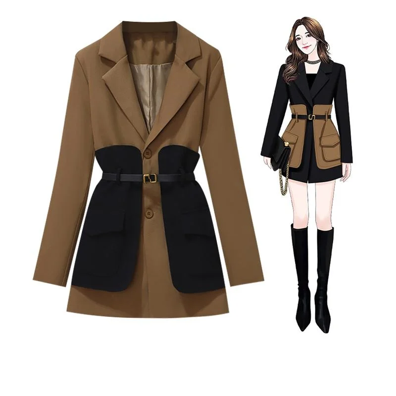 Women Blazer Patchwork Single Breasted Full Sleeve Ladies Suit Coat Belt Color Matching Women\'s Long Suit Jacket 2022