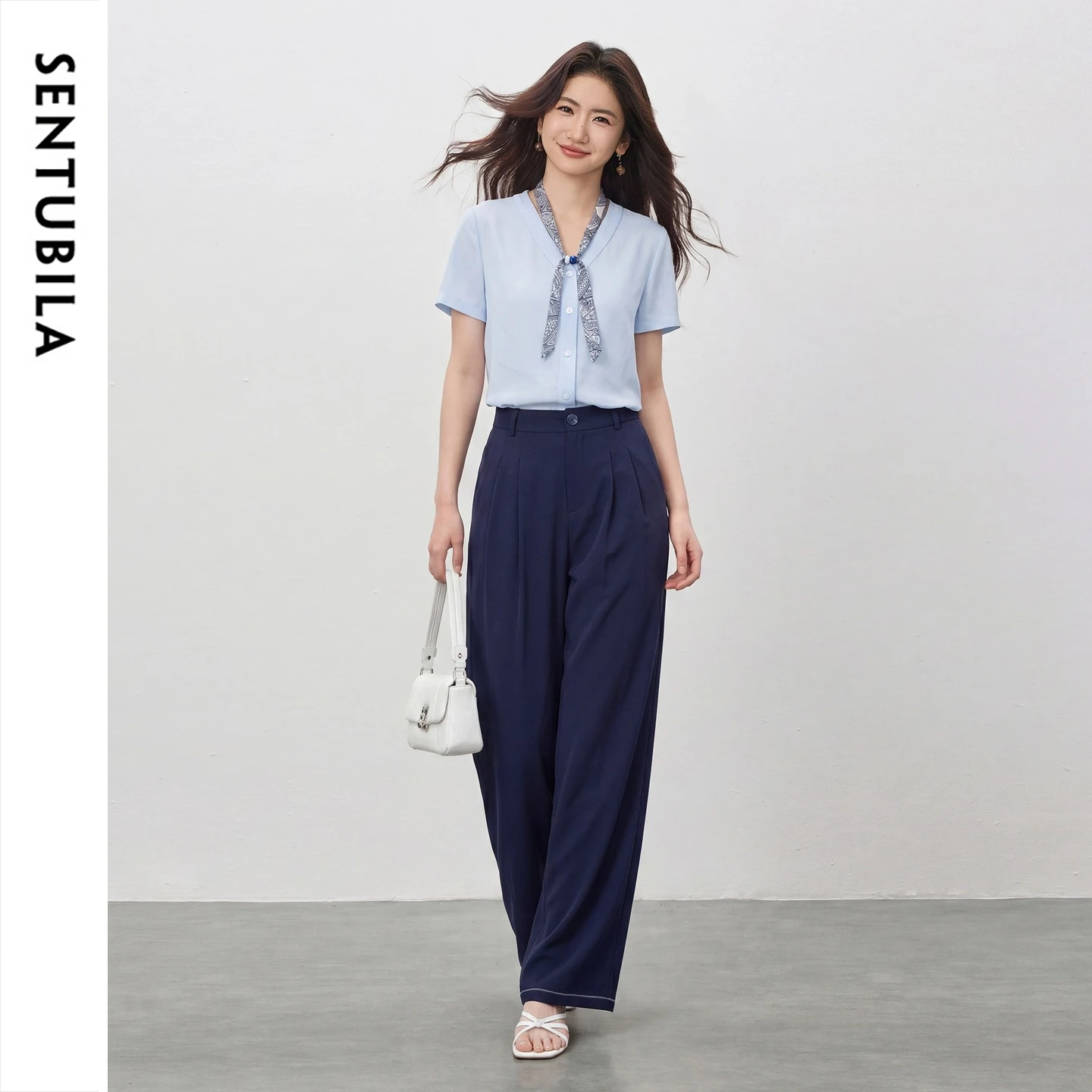 

SENTUBILA Women's Commuter Summer Suit 2026 Outfits Beaded Printed Scarf Chiffon Shirt Straight Pants Two Piece Set 162ZA7216