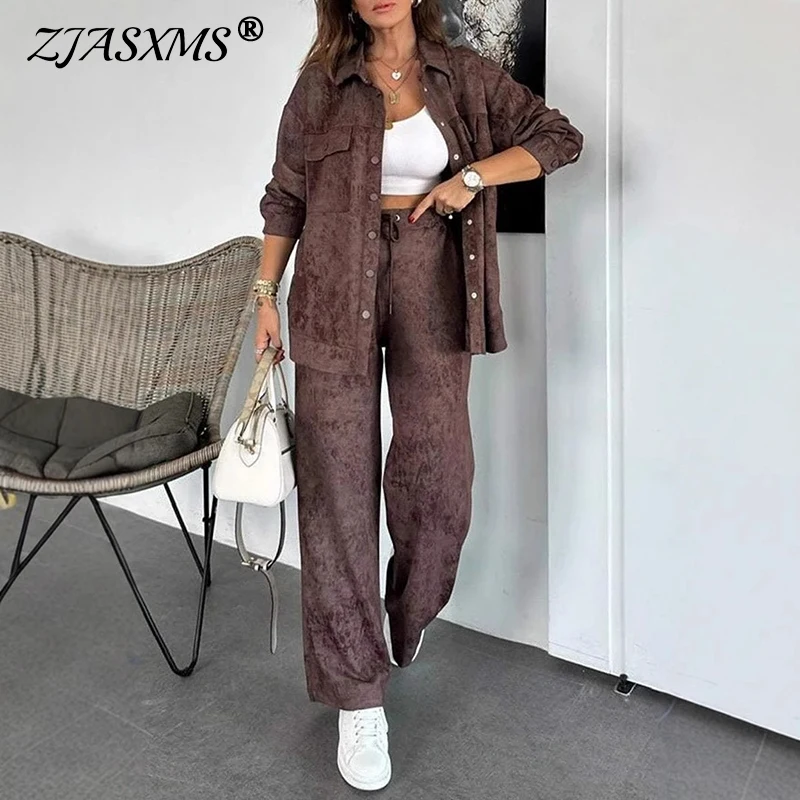 Casual Single Breasted Lapel Shirt Coat & Lace-up Pant Sets Retro Solid Color Autumn Suit Women Winter Long Sleeve Loose Outfits