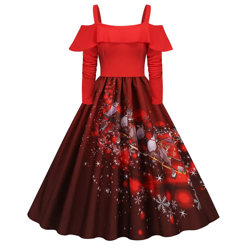 Slash Neck Elegant Christmas Party Dress Women Long Sleeve Spaghetti Strap Ruffles Xmas Evening Costume Midi Sundres Tunic S~3XL