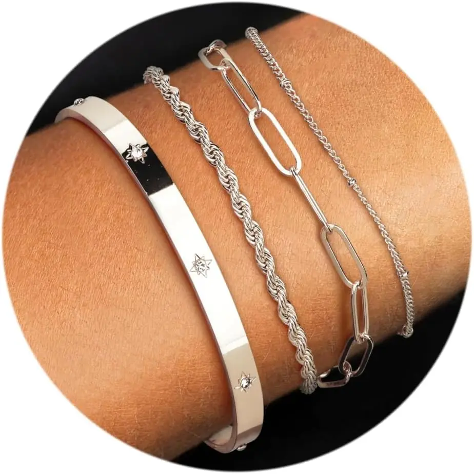 

Florideco 4pcs Bracelet for Women Adjustable Fashion Bracelets Paperclip Chain Stacking Jewellery Set
