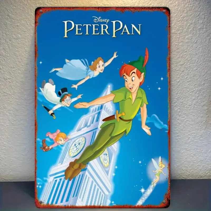 Peter Pan Vintage Metal Sign- 12.0x8.0inch Fantasy Movie Poster with Tinker Bell& Iconic Characters for Living Room or Game Room