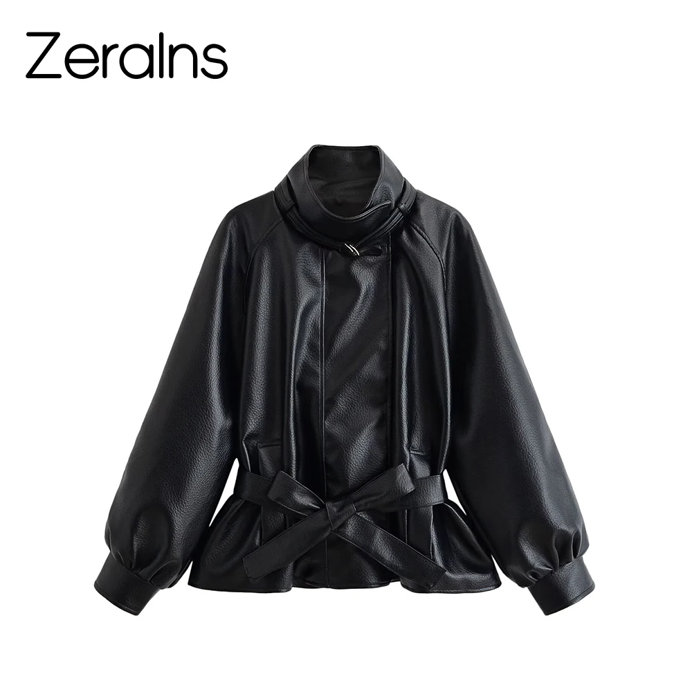 ZERAINS European and American style women's clothing new 2026 fashion stand up collar strap waist cinched leather jacket jacket