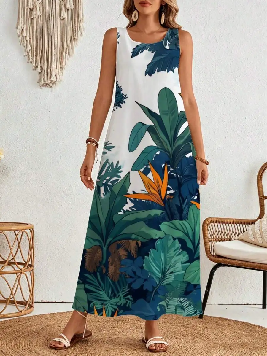 

Sleeveless Tropical Print Maxi Dress White With Blue Green Orange Leaves For Beach Summer Vacation