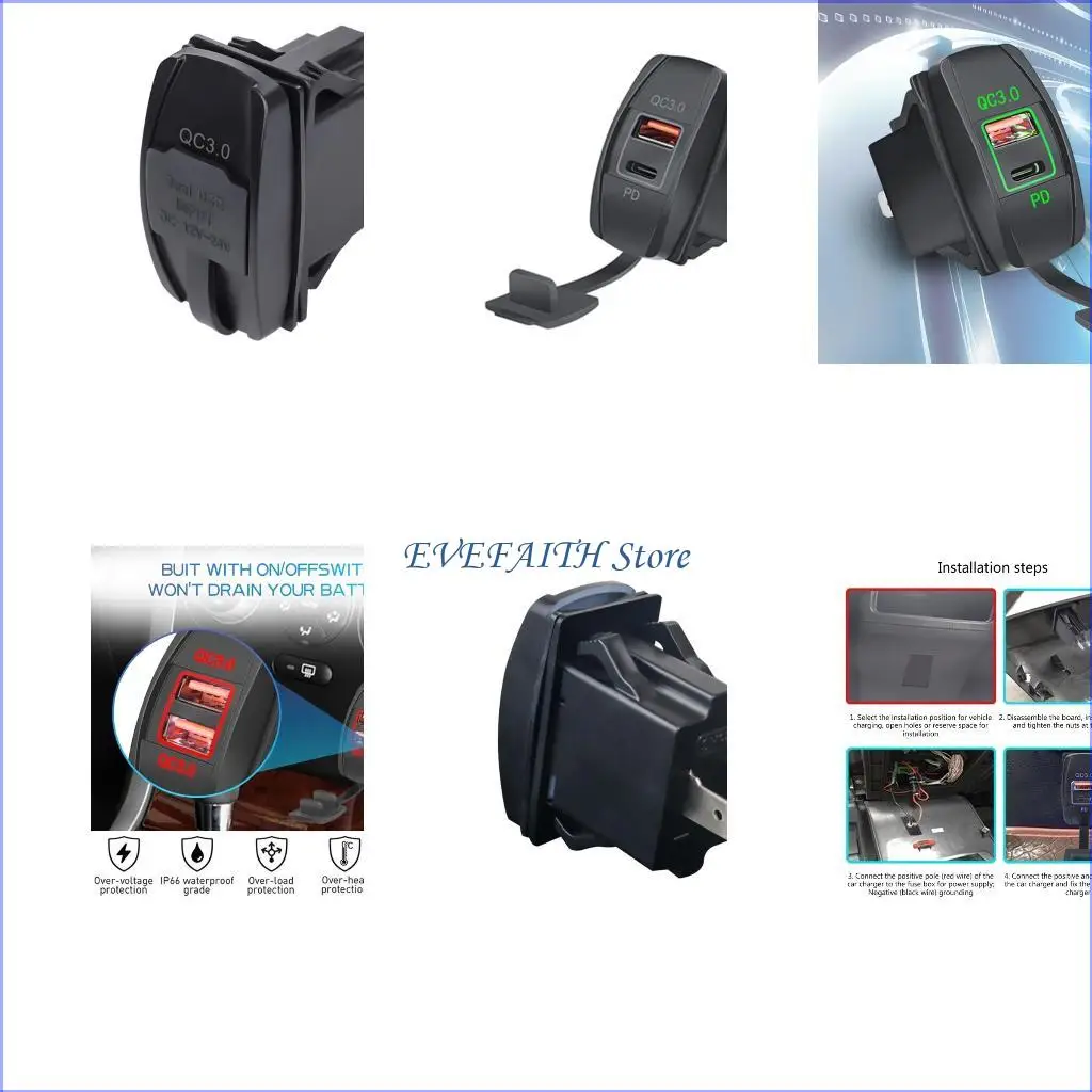 124b USB QC3.0 и PD Тип C Power Outlet Universal 12V 24V Зарядная адаптер водонепроницаемый 124b USB QC3.0 и PD Тип C Power Outlet Universal 12V 24V Зарядная адаптер водонепроницаемый