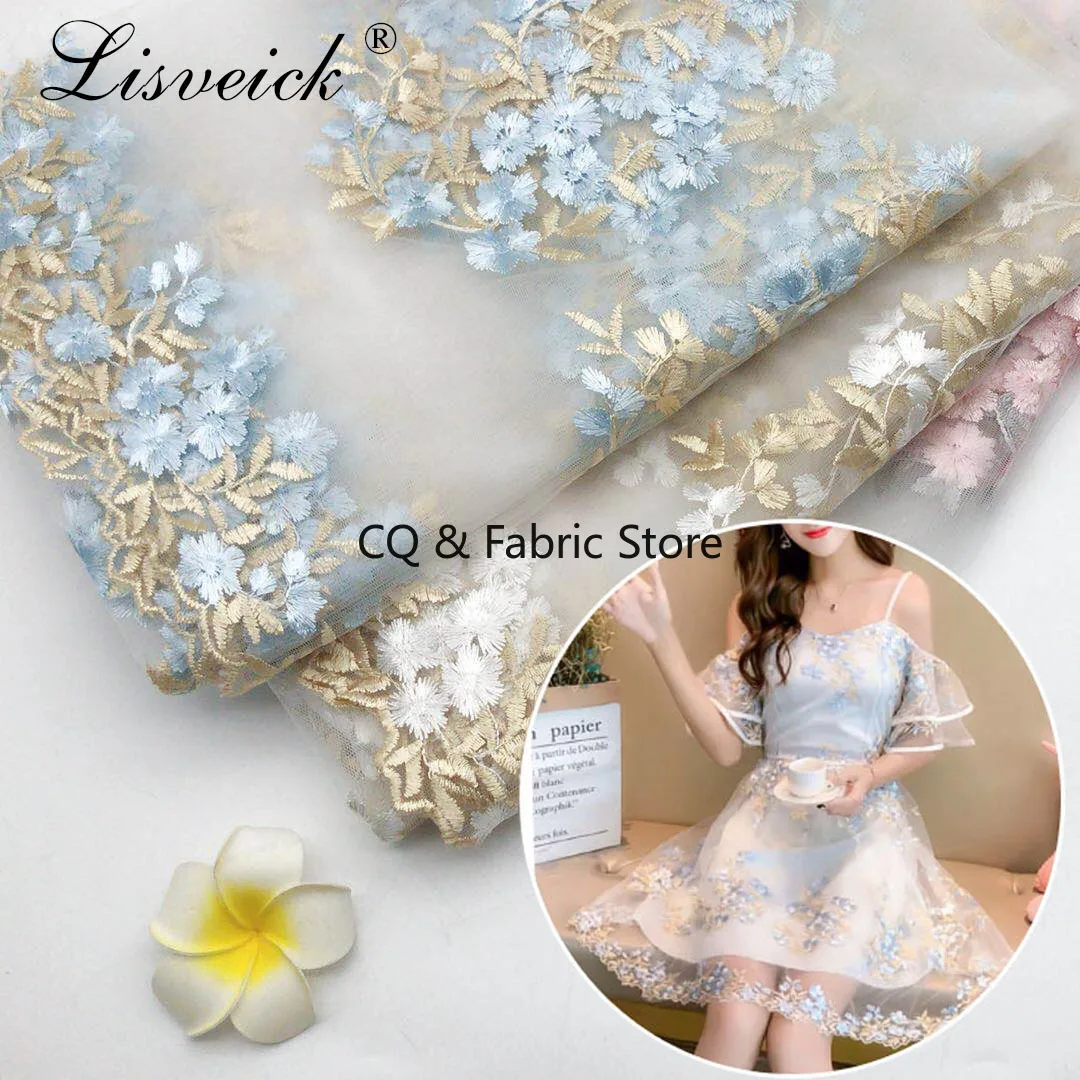 1meter 130CM Mesh Bilateral Embroidery Flower Gauze Tulle Lace Fabric For Baby Tutu Skirt Wedding Party Stage Dress DIY Material