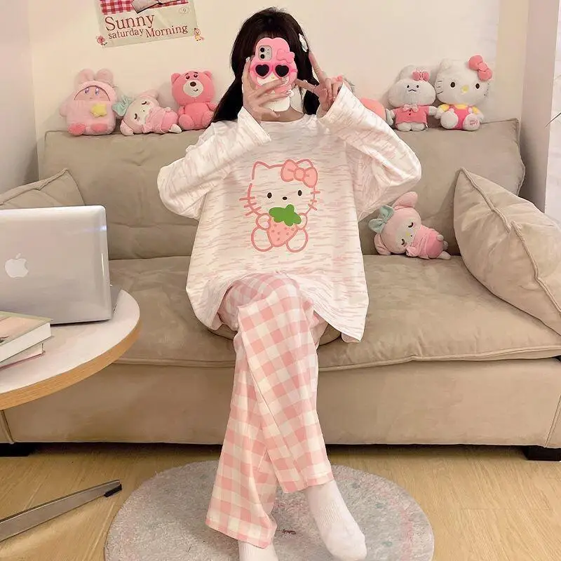 Sanrio Suitable for Outdoor Wear Long Sleeved Cartoon Japanese 2025 New Style Hello Kitty Summer Home Suit Set Pants Sets Pant