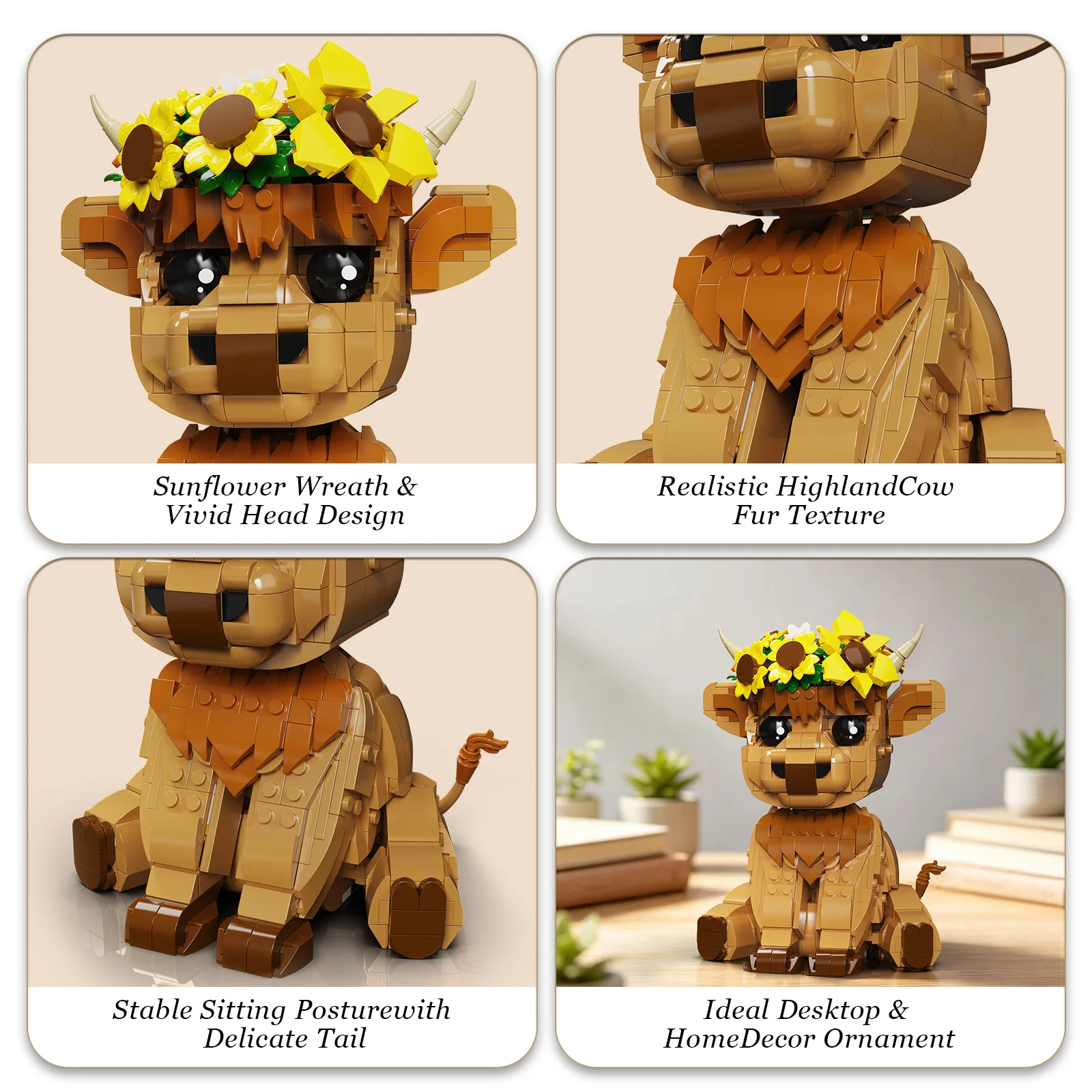 Highland Cow Building Set Scottish Cattle Animal Toy Model Sunflower Ring Plateau Cow Home Decor Blocks Christmas Gift for Adult