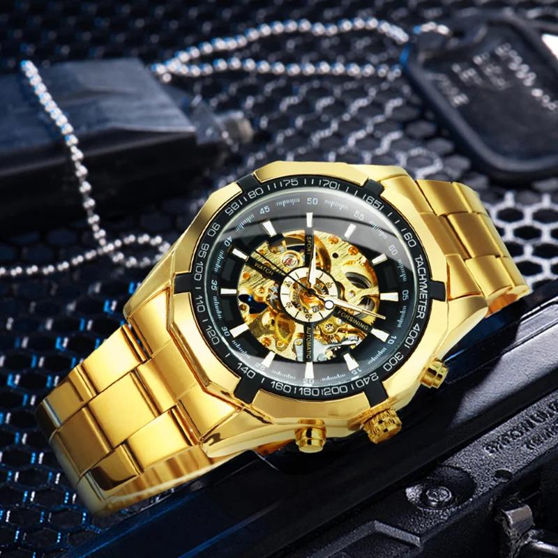 T-Winner Watches Men Luxury Gold Skeleton Watches Fashion Cross Automatic Mechanical Wristwatches Men Reloj Hombre Montre Homme