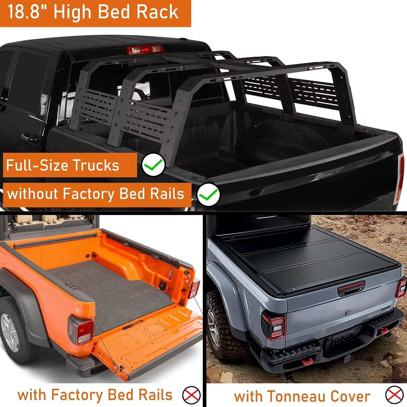 High Overland Full-Size Heavy Duty Truck Bed Rails Iron Steel for F-150 Raptor Ram 1500 Chevy Silverado-Black Powder