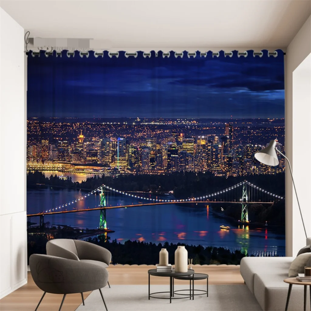 

3D City Night Bridge Curtains Modern Cityscape Window Drapes 2 Panels Living Room Bedroom Home Decor Curtain