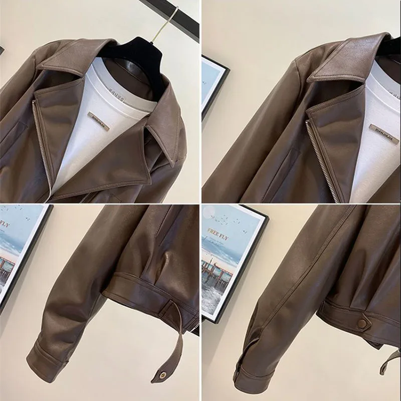 แจ็คเก็ตหนังสั้นแฟชั่นสำหรับผู้หญิง ฤดูใบไม้ผลิ 2026 สไตล์ใหม่ ปกเสื้อแบบลาペル หนัง PU อเนกประสงค์ เสื้อโค้ทสไตล์ไบค์เกอร์ เสื้อคลุม