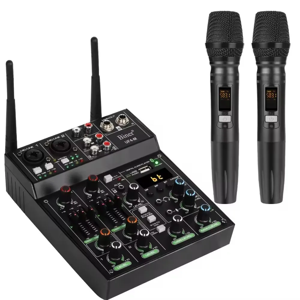 4 Channel Audio Mixer Console One for Two Wireless Microphone Mixer Bluetooth K Song Karaoke UF4-M BT UHF New Live Recording