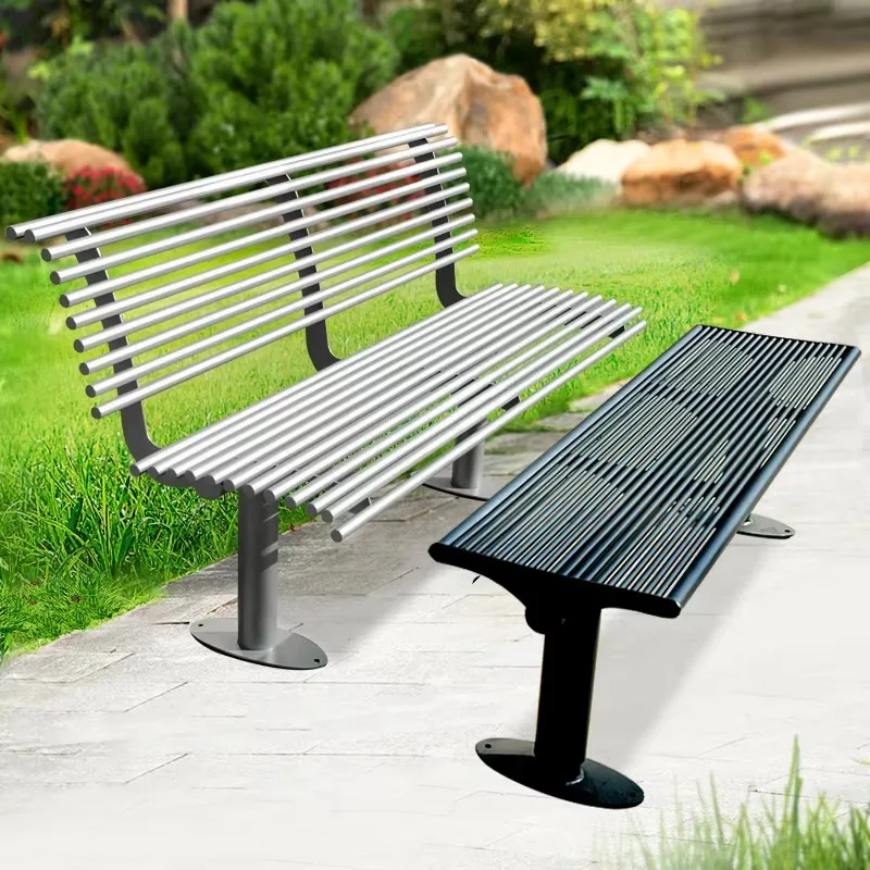 مقاعد الفناء الخارجية المصنوعة من الفولاذ المقاوم للصدأ وكراسي طويلة مع مسند ظهر لمناطق الترفيه والفناء