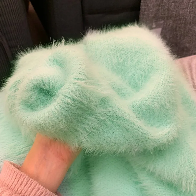 New Lazy Style Soft Mohair Mint Green Loose Sweater Autumn Winter Women O Neck Thick Warm Knitted Oversized Female Pullovers